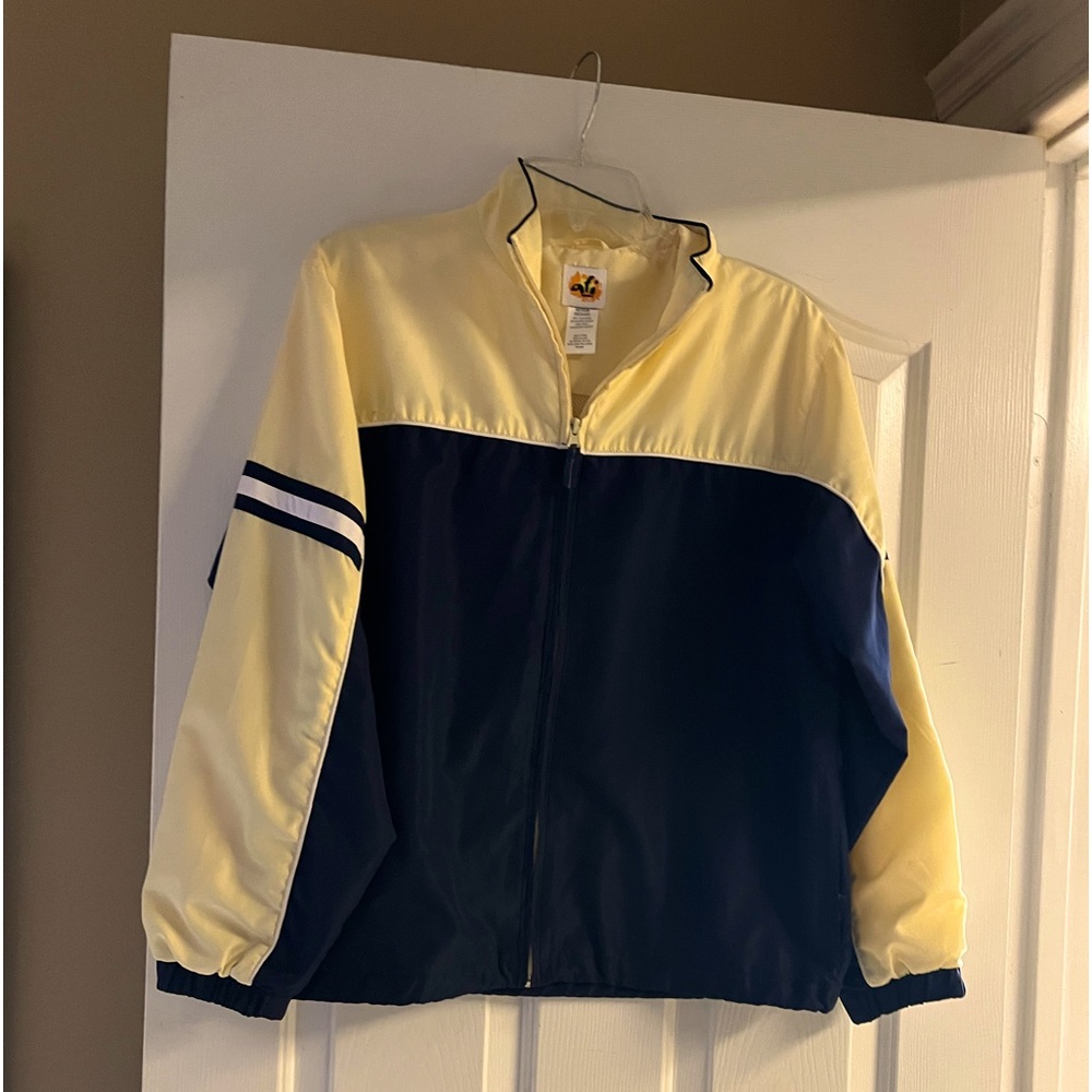 Yellow and navy jacket. Lined. 100 percent polyester